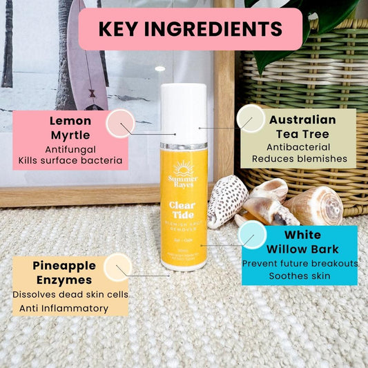 Summer Rayes Teen Skincare product, Clear Tide Pimple Spot remover, with labeled key ingredients on a textured surface