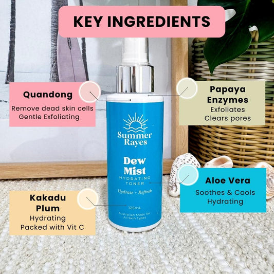 Summer Rayes Teenage Skincare Dew Mist toner with key ingredients highlighted on a neutral background