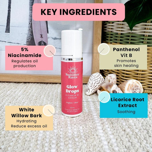 Pink teen skincare Vitamin B serum bottle with key ingredients labeled on a textured surface.