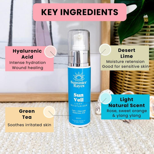 Summer Rayes Teen Skincare hyaluronic moisturiser product with labeled key ingredients on a neutral background