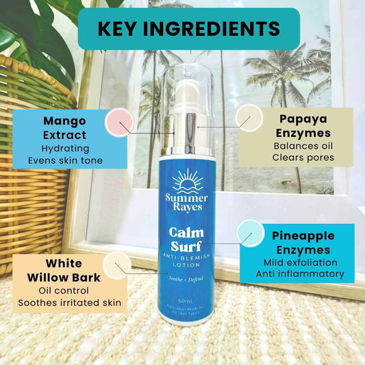 Summer Rayes Calm Surf lotion bottle with key ingredients labeled on a blurred beach background