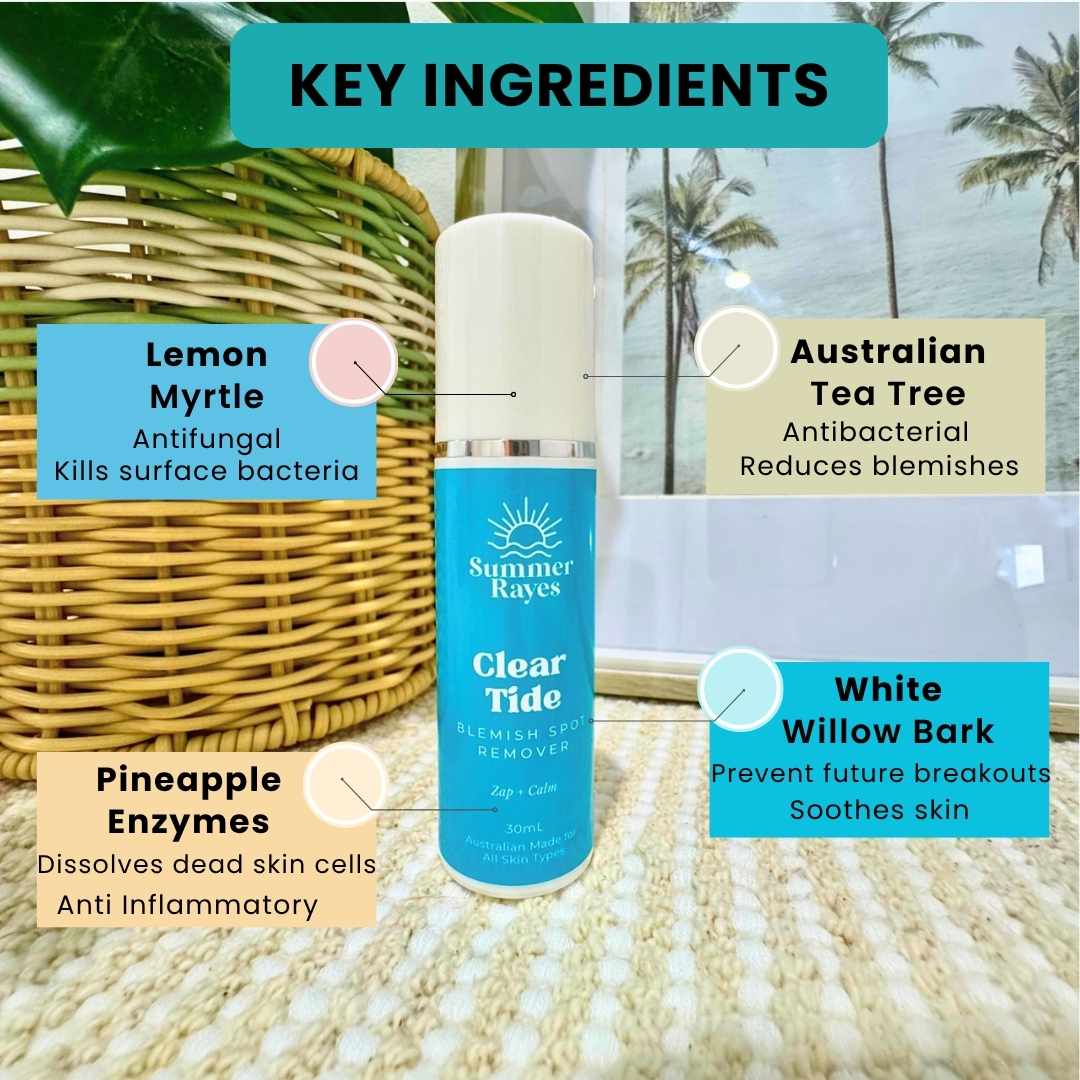Skincare product with labeled key ingredients and a tropical background