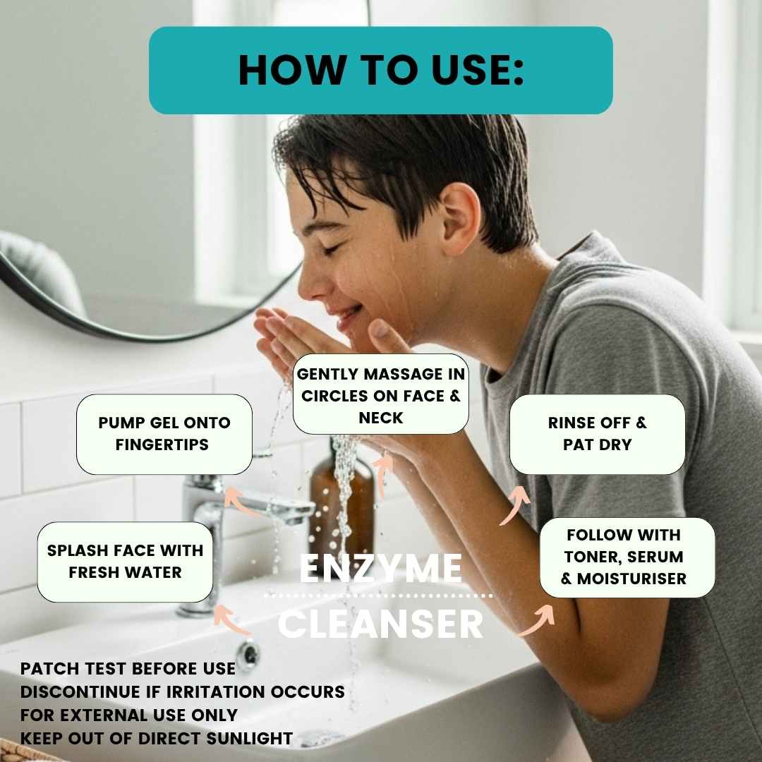 Person using enzyme cleanser with step-by-step instructions on a bathroom counter.