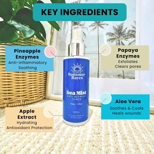 Summer Rayes teen skincare for boys and girls Sea Mist toner bottle with key ingredients highlighted on a natural background