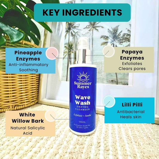 Summer Rayes Teen Skincare for boys & girls Wave Wash bottle with key ingredients labeled in a home setting