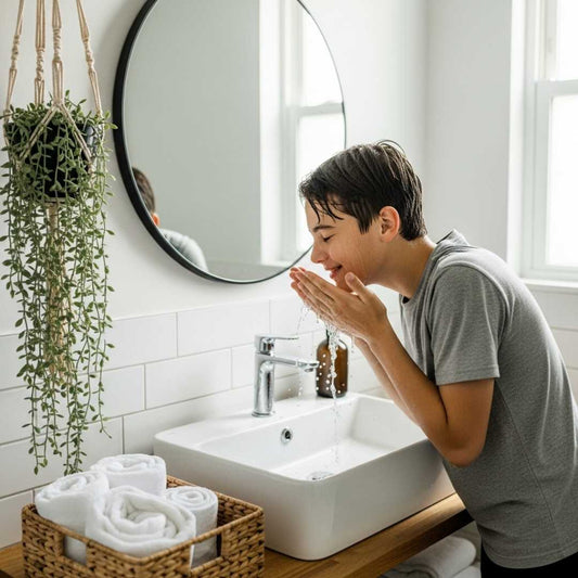 Person washing hands in a bathroom with a round mirror and plants.