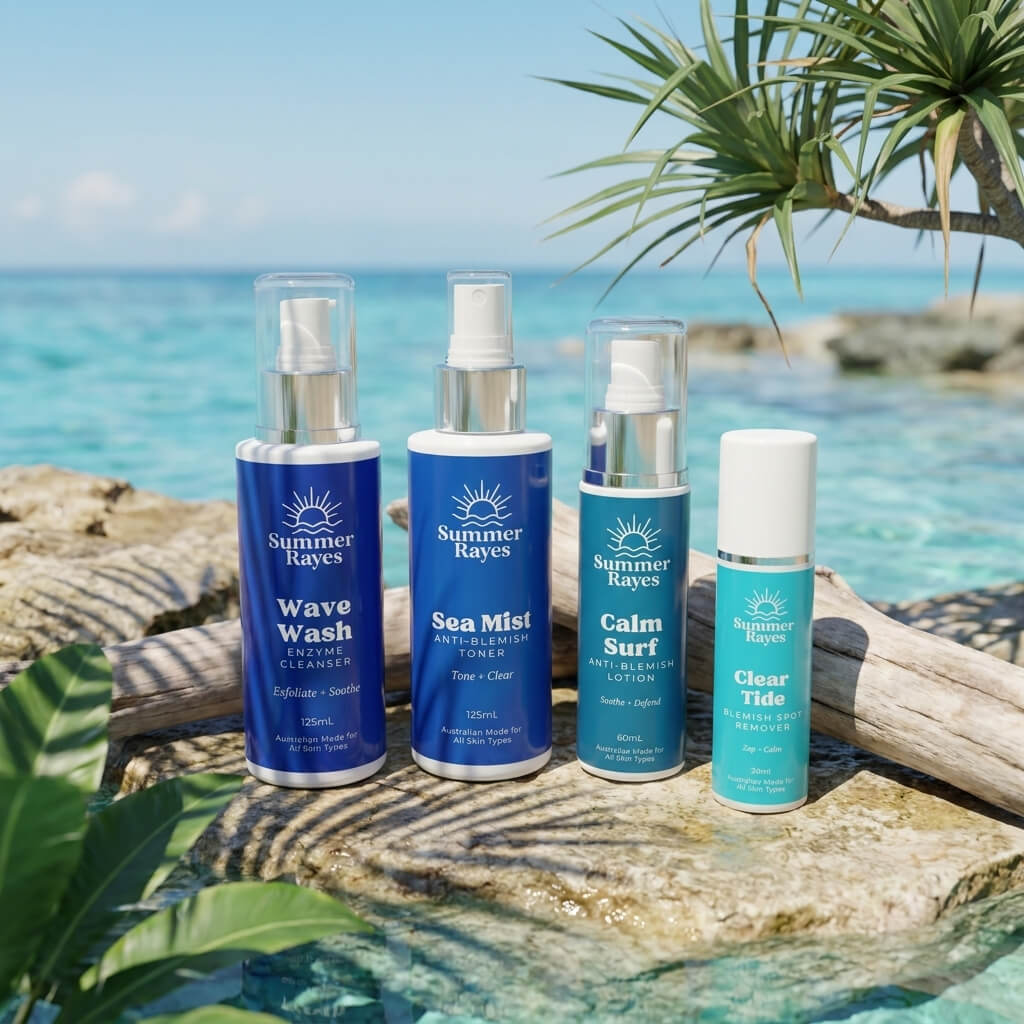Summer Rayes Skincare routing for teen boys on a tropical reef enspired background