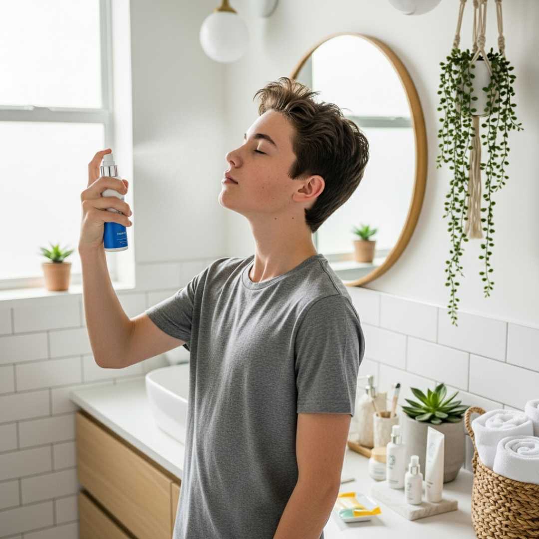 Person in a bathroom using a spray bottle, with plants and a mirror in the background.