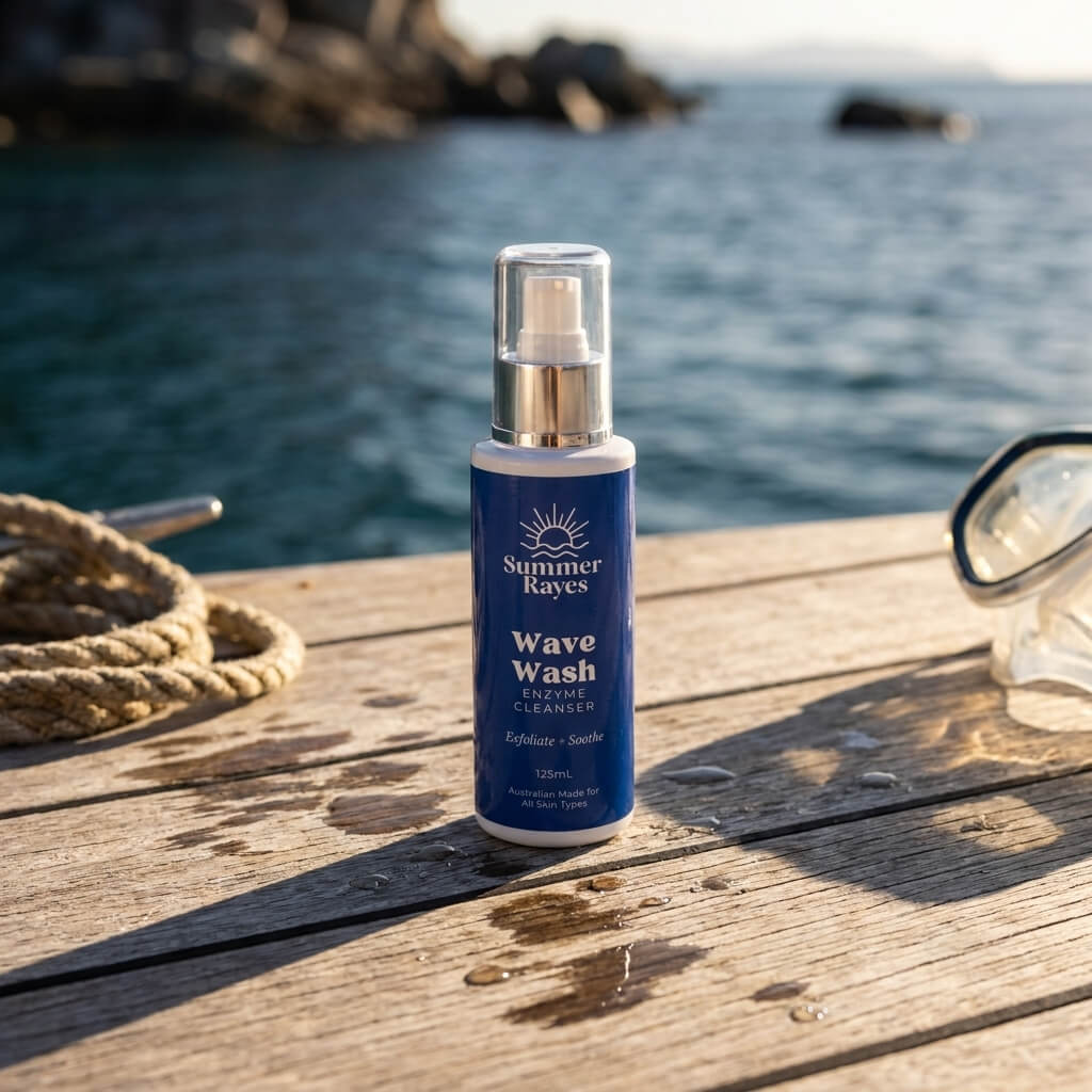 A bottle of Summer Rayes Wave Wash Cleanser stands on a wooden dock with the ocean and rocks blurred in the background. A rope and part of a swim cap are visible at the sides.
