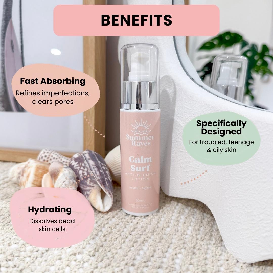 Teen Skincare bottle of Anti-blemish lotion with benefits text on a beach-themed background