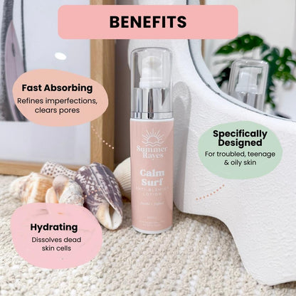Teen Skincare bottle of Anti-blemish lotion with benefits text on a beach-themed background