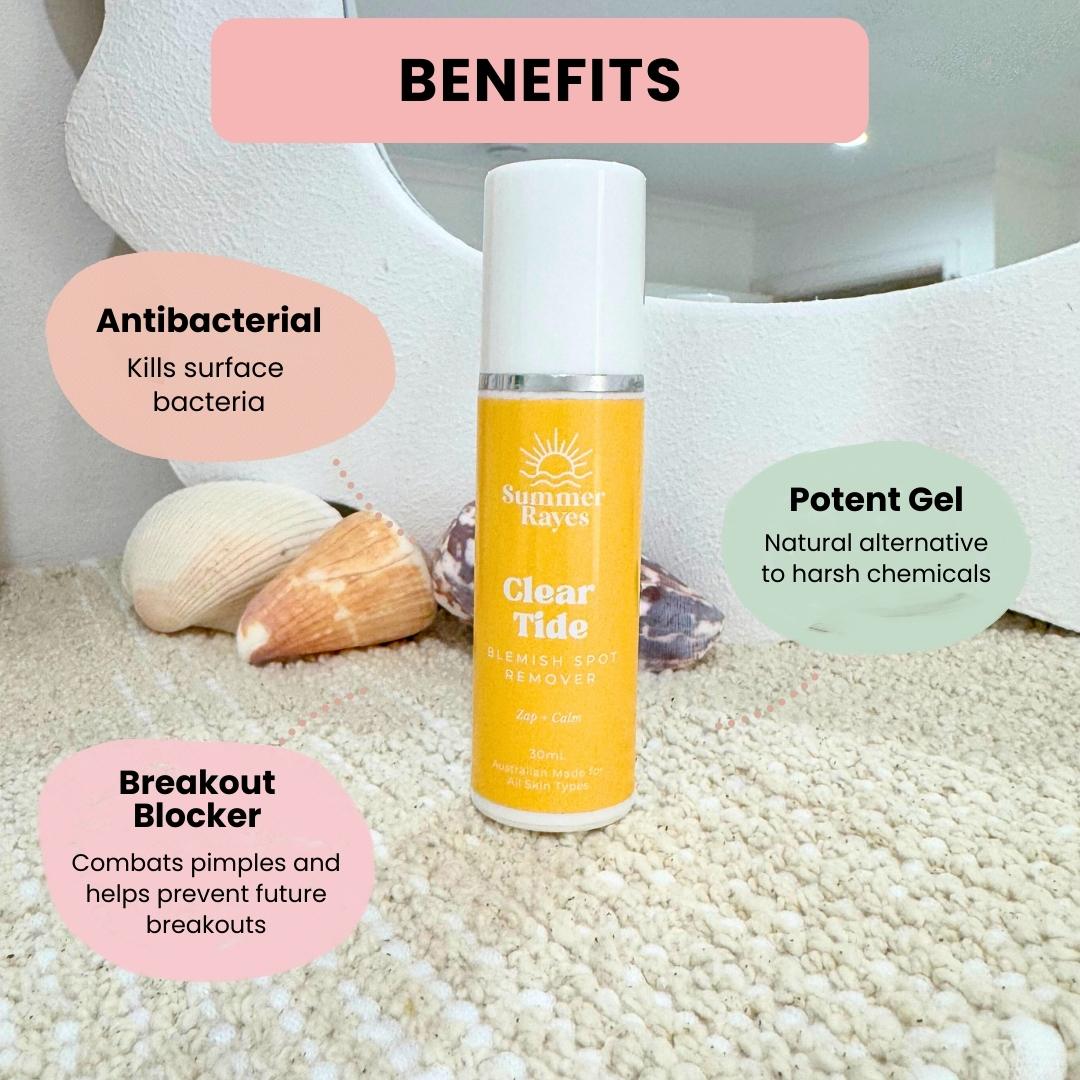 Bottle of Summer Rayes Clear Tide teen skincare product with benefits listed on a textured surface.