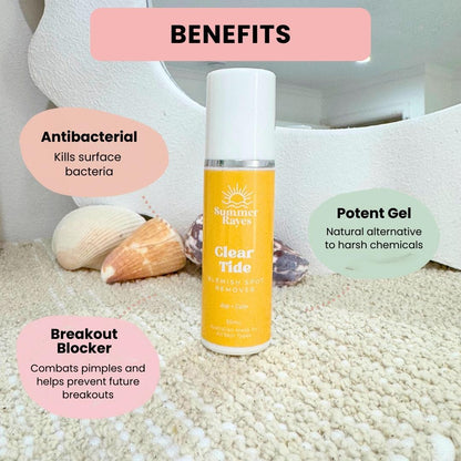 Bottle of Summer Rayes Clear Tide teen skincare product with benefits listed on a textured surface.