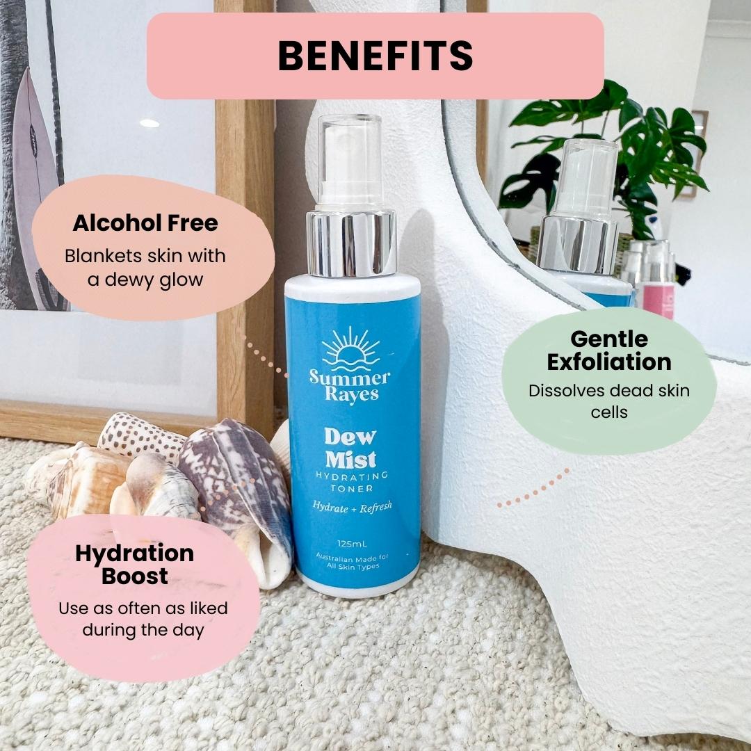 Blue bottle of Summer Rayes Teen Skincare Dew Mist toner with benefits text on a neutral background