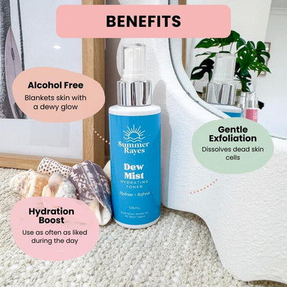 Blue bottle of Summer Rayes Teen Skincare Dew Mist toner with benefits text on a neutral background