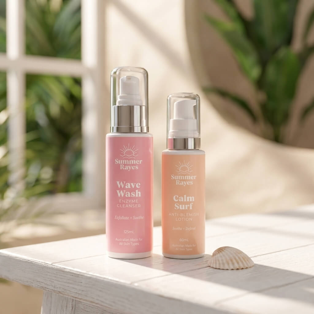 Two Summer Rayes skincare bottles on a white wooden table: a pink Wave Wash cleanser and an orange Calm Surf moisturizer, with a seashell nearby and a softly blurred beachside background.