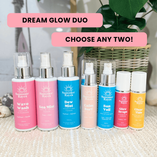 Set of Summer Rayes skincare products with 'Dream Glow Duo' and 'Choose Any Two!' text.