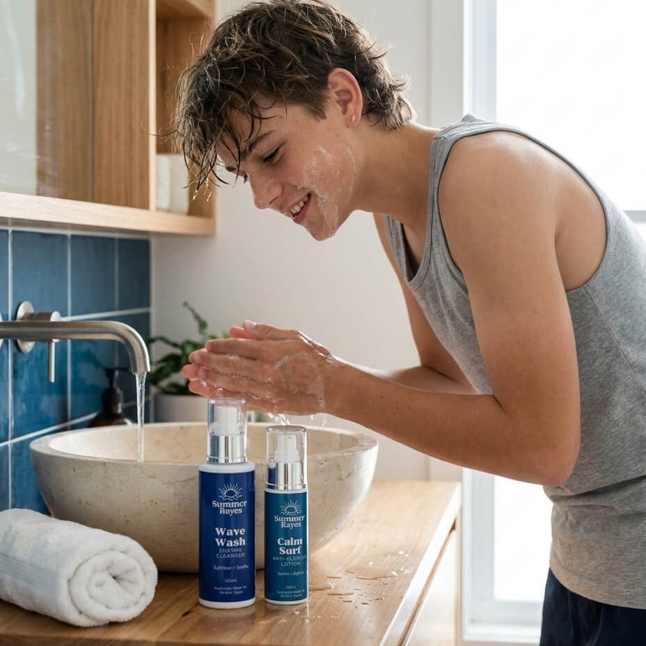 A teen boy stands at a bathroom sink, washing his face. Two blue skincare bottles from the brand 'Summer Rayes' are placed on the wooden counter in front of him.