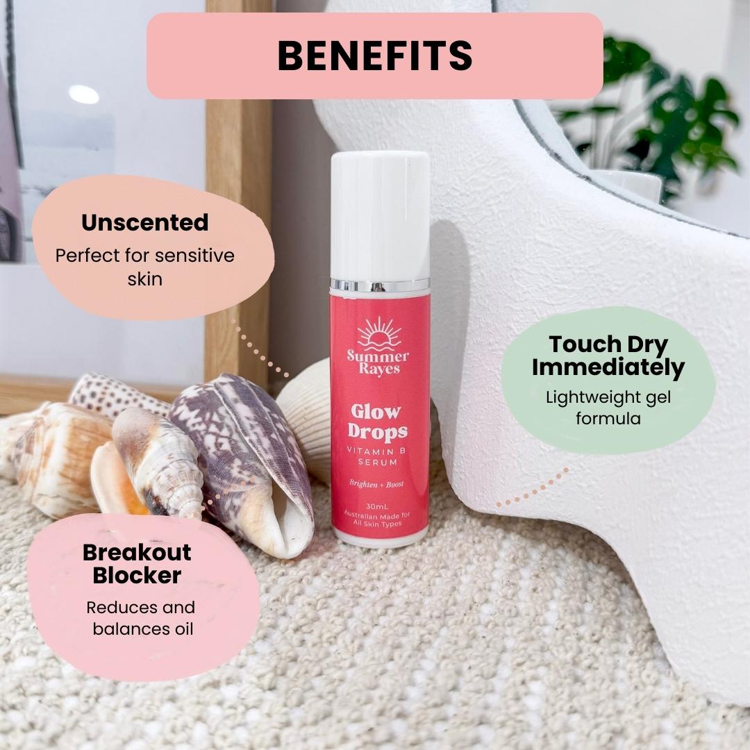 Summer Raye Glow Drops Vitamin B Serum teen skincare bottle with benefits text on a textured surface with seashells.