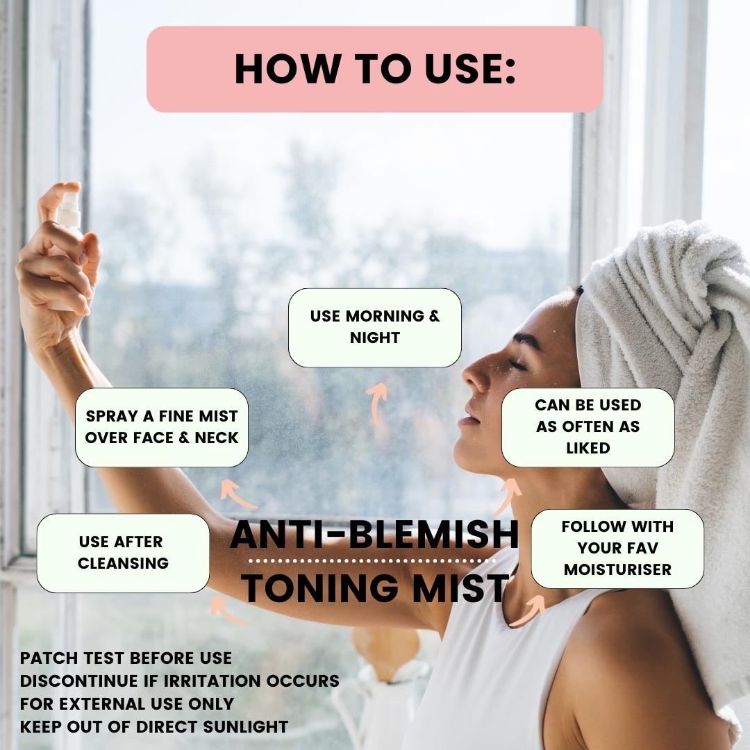 Teen using Summer Rayes anti-blemish toning mist with text instructions on how to use it.