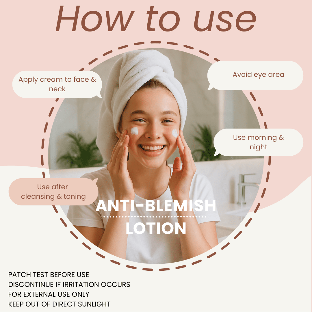 Teen applying anti-blemish lotion with usage instructions on a pink background