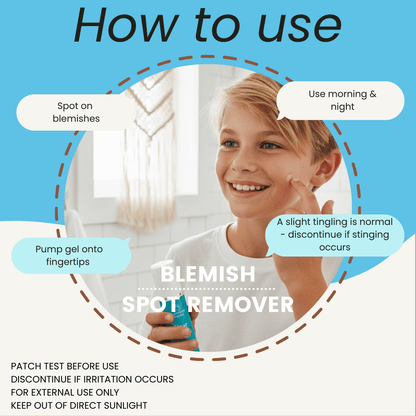 Instructions on how to use blemish spot remover with a teenage boy holding the product.