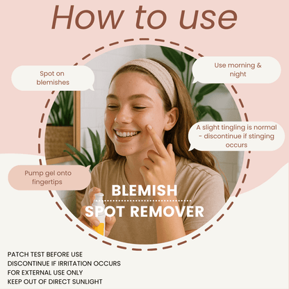 Instructions on how to use blemish spot remover with a teenager applying it.