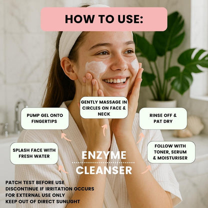 Woman applying Wave Wash enzyme cleanser for teen skin with usage instructions on a light background