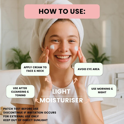 Teenage girl applying light moisturizer with usage instructions displayed