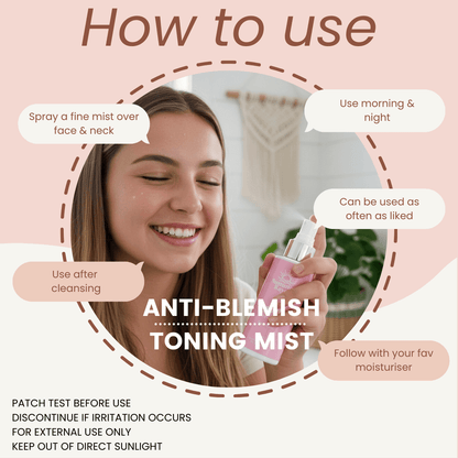 Instructions on how to use anti-blemish toning mist with a teen girl holding the product.