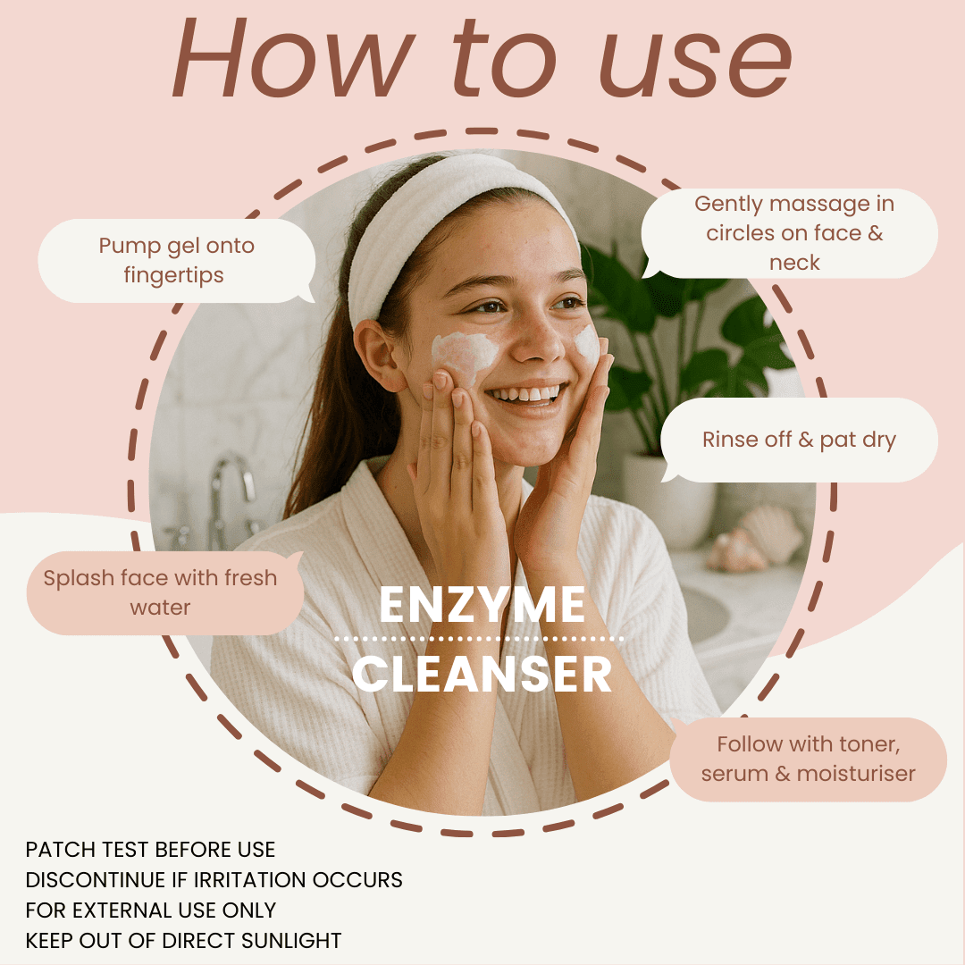 Instructions on how to use enzyme cleanser with a woman applying it on her face.