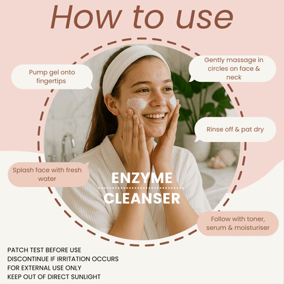Instructions on how to use enzyme cleanser with a woman applying it on her face.