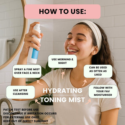 Teenage girl using a hydrating toning mist with usage instructions displayed.