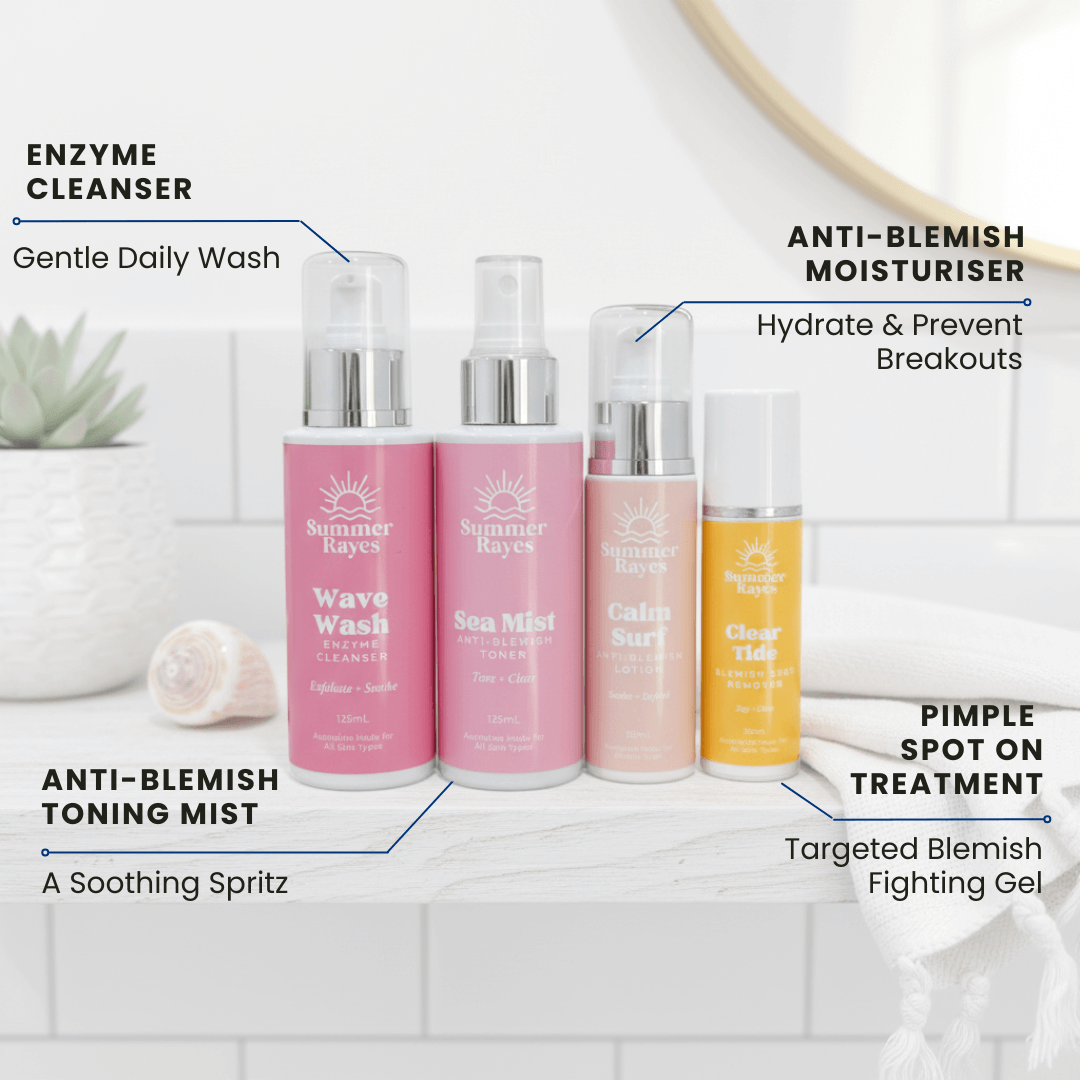 Set of Summer Rayes skincare products on a bathroom counter with labels indicating product types.