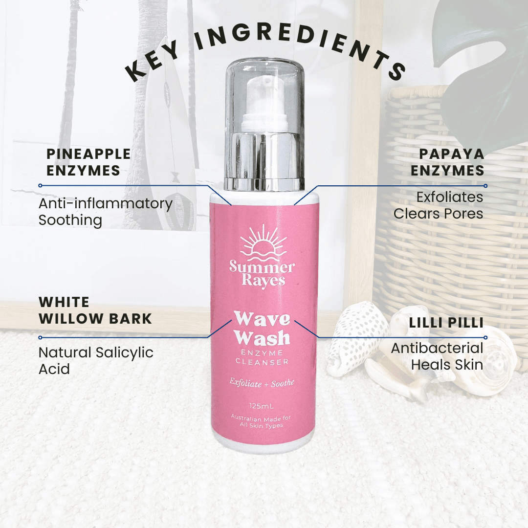Pink bottle of Summer Rayes Wave Wash with labeled key ingredients on a white background