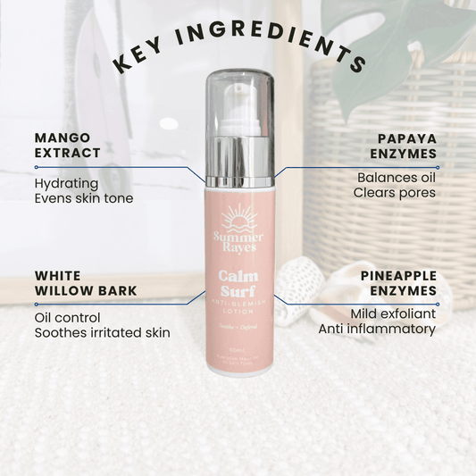 Summer Rayes teen Skincare product with labeled key ingredients on a neutral background