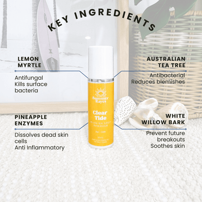 Summer Rayes Clear Tide teen pimple gel with key ingredients labeled on a textured surface.