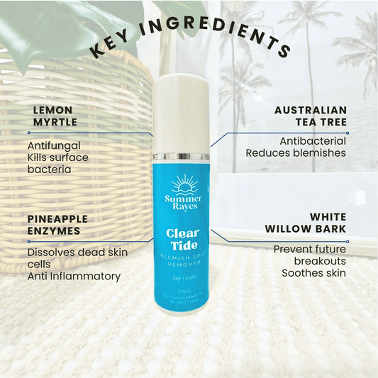 Summer Rayes Clear Tide skincare product with key ingredients listed on a textured background