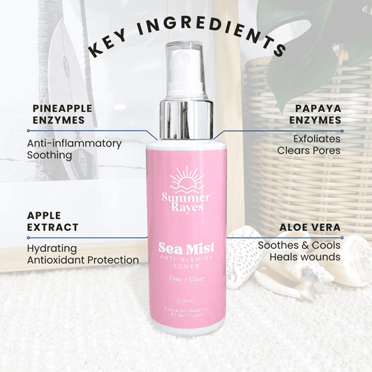 Pink bottle of Summer Rayne Sea Mist with labeled key ingredients on a white background