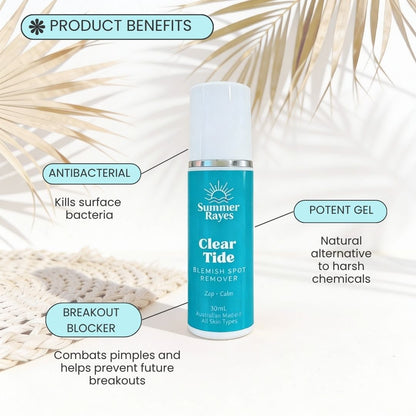 Summer Rays Clear Tide Blemish Spot Remover bottle shown on a light background with decorative palm leaves, with callout labels describing product benefits