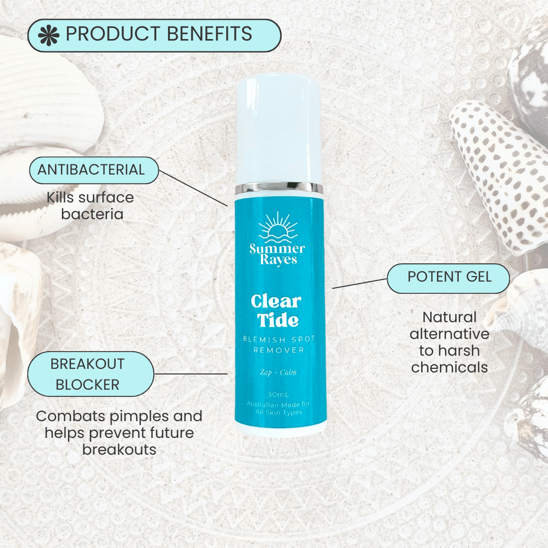 Summer Rayes Clear Tide blemish spot remover bottle with product benefits on a textured background