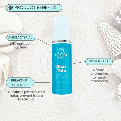 Summer Rayes Clear Tide blemish spot remover bottle with product benefits on a textured background