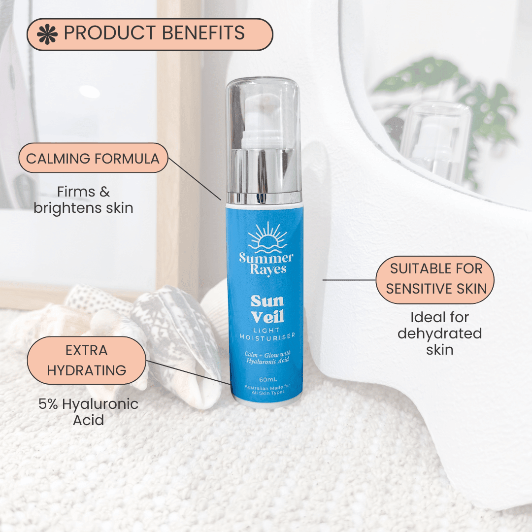 Summer Rayes Sun Veil light moisturizer bottle with product benefits text on a white background