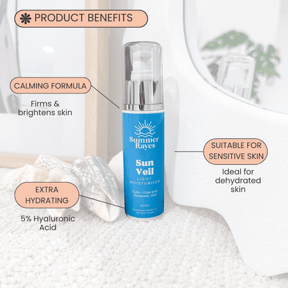 Summer Rayes Sun Veil light moisturizer bottle with product benefits text on a white background