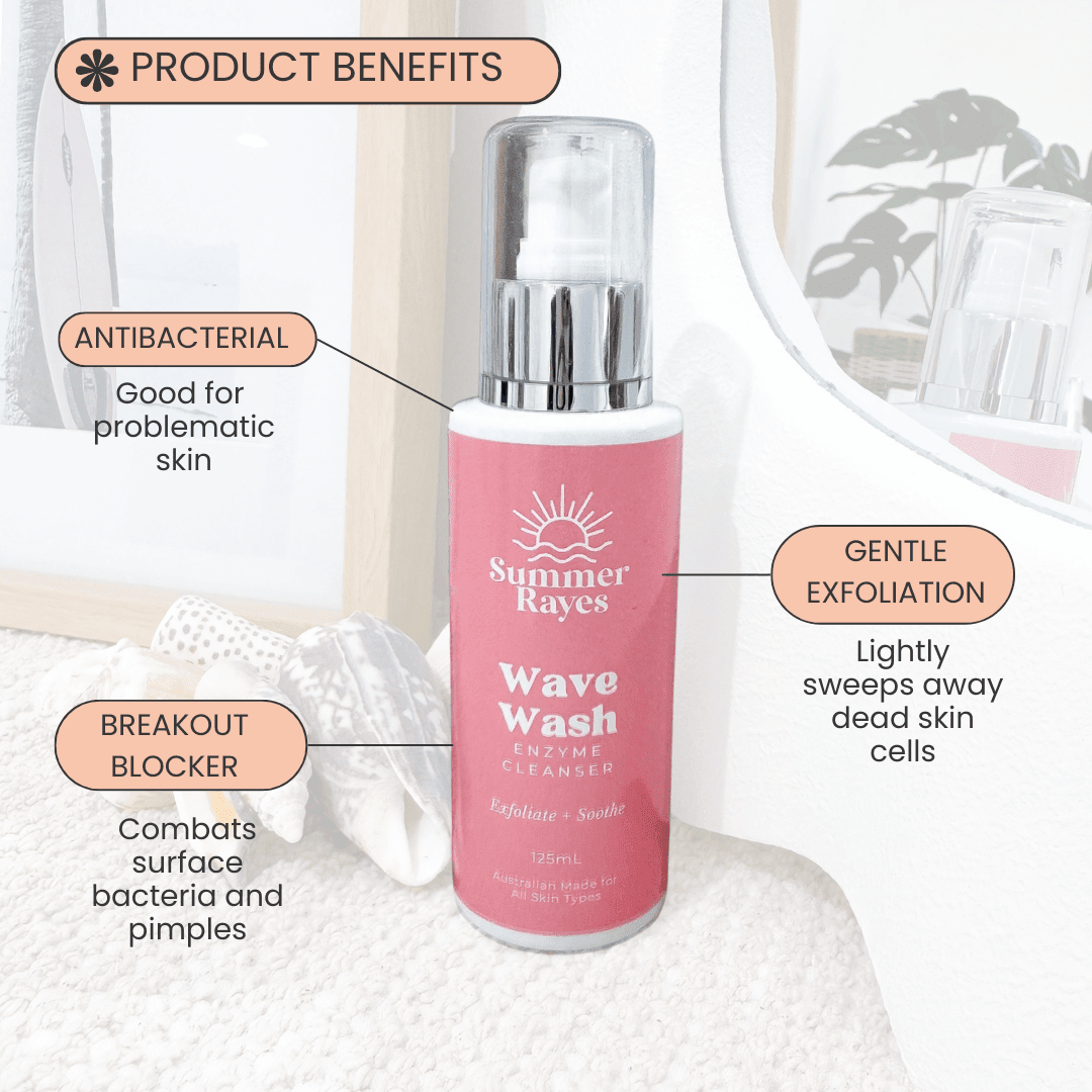 Pink bottle of Summer Rayes Wave Wash with product benefits text on a white background