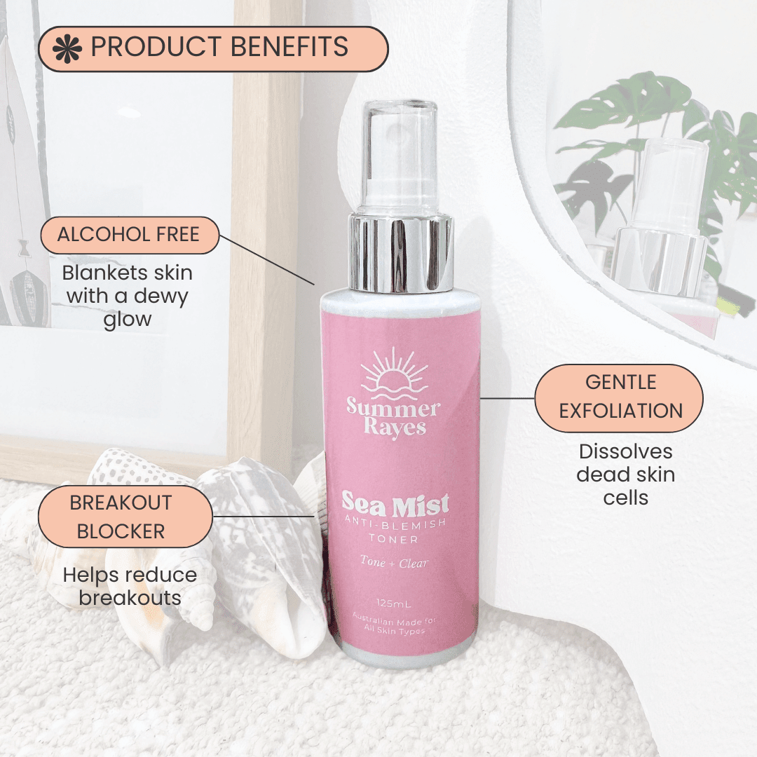 Pink bottle of Summer Rayes Sea Mist Toner with product benefits listed on a light background.