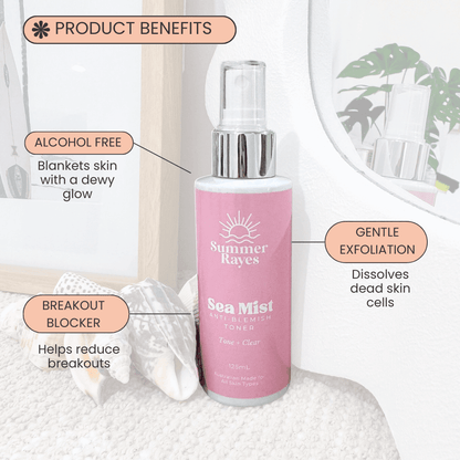 Pink bottle of Summer Rayes Sea Mist Toner with product benefits listed on a light background.