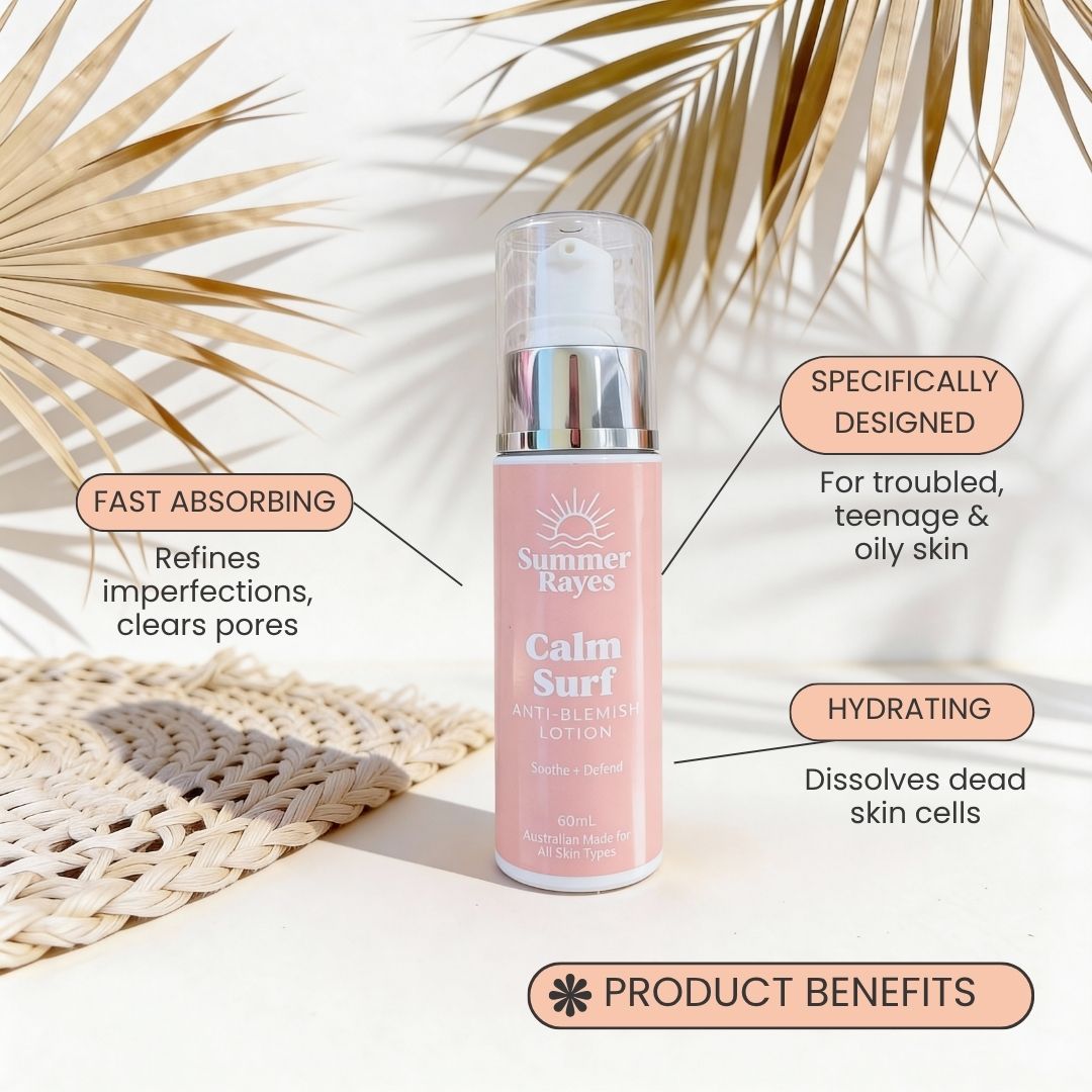 Summer Rayes skincare product with text highlighting benefits on a light background with leaves.