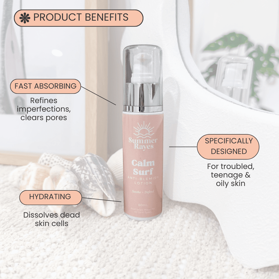 Summer Rayes Teen Skincare bottle with product benefits text on a light background