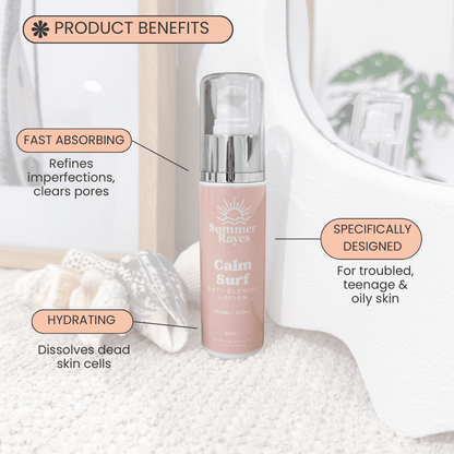 Summer Rayes Teen Skincare bottle with product benefits text on a light background